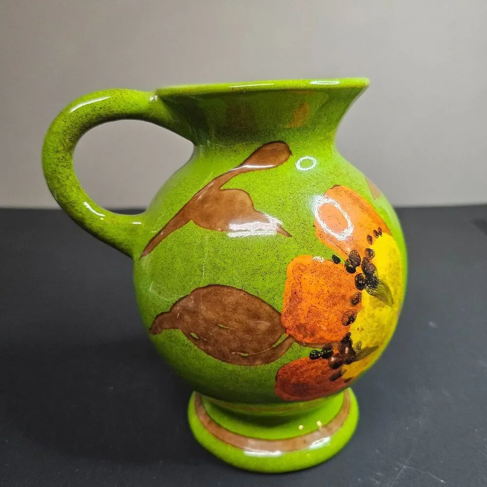 Vtg Rosenthal Netter Italy MCM 1960s Terra Cotta Green Floral Pitcher Handmade